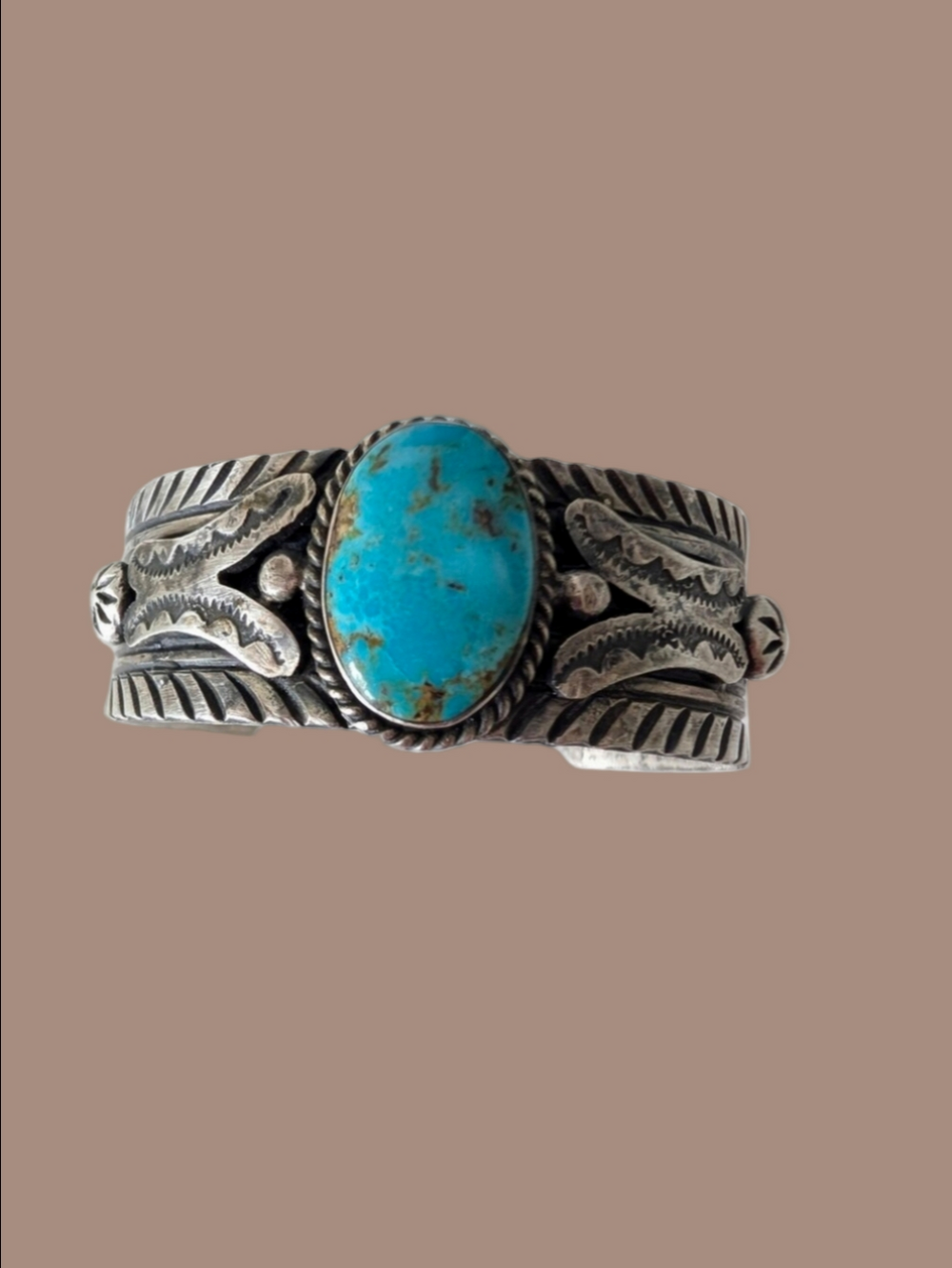 Vintage Turquoise Stone Sterling Silver Cuff Bracelet 1970 Blue Turquoise